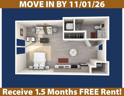 Floor plan for studio, 1 bath, 511 sqft